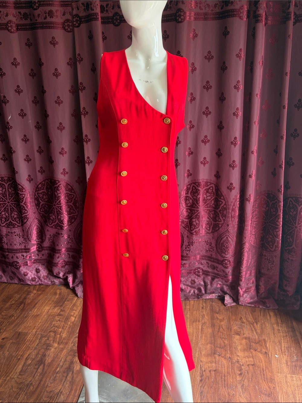 Vintage Red Sleeveless Coin Button Front Midi Dress Size 9-10